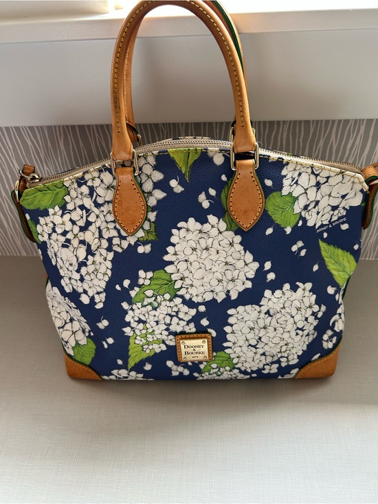 Dooney & Bourke Handbags - Dooney & Bourke Navy White Hydrangea Floral Satchel with Tan Trim